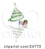 Green Spiraled Christmas Tree With Gold Ornaments And A Gold Star Over Presents On A Reflecting White Surface