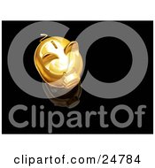 Clipart Illustration Of A Gold Piggy Bank With A Coin Slot On Top Of A Reflective Black Surface