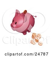 Poster, Art Print Of Pink Piggy Bank With Stacks Of Dollar Coins One Coin Going Into The Slot