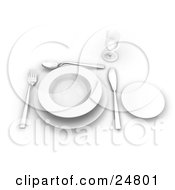 Clipart Illustration Of A Fork Spoon And Butter Kife Around The Edges Of A White Soup Bowl On A Saucer With A Small Plate And Glass On A Table