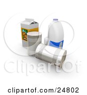 Clipart Illustration Of A Gallon Of Milk Carton Of Orange Juice And Two Tin Cans by KJ Pargeter