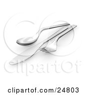 Poster, Art Print Of Clipart Illustration Of A Chrome Spoon Butter Knife And Fork Set On A Table