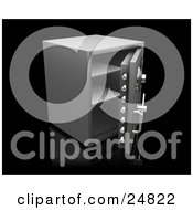 Clipart Illustration Of A Personal Silver Safe With The Door Open Showing Empty Shelves Over Black by KJ Pargeter