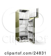 Poster, Art Print Of Olive Green Refrigerator With Open Doors Showing An Empty Freezer And Cooling Section