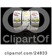 Clipart Illustration Of Three Dollar Signs On A Casino Jackpot Winner Fruit Machine Reel Over A Reflective Black Background by KJ Pargeter