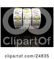 Clipart Illustration Of Three Lined Up Jackpot Winner Dollar Signs On A Fruit Machine In A Casino Over A Reflective Black Surface