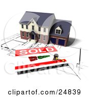 Poster, Art Print Of Two Story Brick House With Two Garages On Top Of Blueprints With A Sold Sign