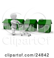 Clipart Illustration Of A White Character Pushing A Shopping Cart In Front Of A Row Of Green Houses