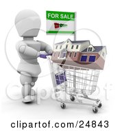 White Character Trying To Sell A House Pushing It In A Shopping Cart With A For Sale Sign Over White