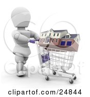Poster, Art Print Of White Character Shopping For A House Rolling It Around In A Shopping Cart Over White