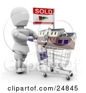 Poster, Art Print Of White Character Agent Pushing A House In A Shopping Cart With A Sold Sign Over White