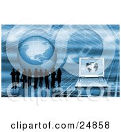 Poster, Art Print Of Silhouetted Business People Standing On A Blue Grid Surface With A Globe And Laptop Computer