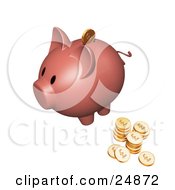 Poster, Art Print Of Pink Piggy Bank With Stacks Of Sterling Coins One Coin Going Into The Slot