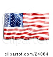 Poster, Art Print Of Shiny New Red White And Blue American Flag Reflecting Light And Rippling In The Breeze