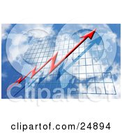 Clipart Illustration Of A Red Jagged Arrow Going Upwards On A Graph Over A Map In The Sky