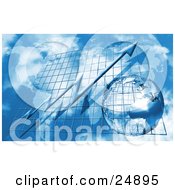 Clipart Illustration Of A Blue Arrow On A Grid Increasing Over A Map And A Wire Globe In The Sky