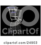 Poster, Art Print Of Empty Blue And Silver Shopping Cart In A Store Over A Reflective Black Surface