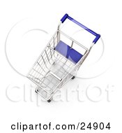 Empty Metal Shopping Cart With A Blue Handle In A Store