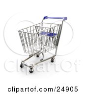 Metal Shopping Cart With A Blue Handle In A Store