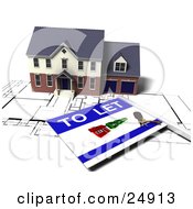 Poster, Art Print Of Two Story Brick Home With Two Garages On Top Of Blueprints With A To Let Sign