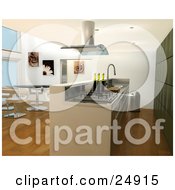 Poster, Art Print Of Modern Kitchen Interior With Bar Counter Looking Over The Dining Room And Green Cabinets