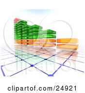 Clipart Illustration Of A Clear Glass Red Green And Orange Bar Graph Made Of Stacked Squares Over A White And Blue Grid