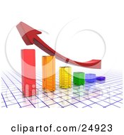 Poster, Art Print Of An Upwards Red Arrow Flying Above A Clear Colorful Bar Graph On A Blue And White Grid Surface