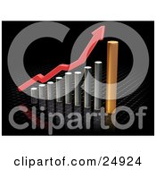 Clipart Illustration Of A Red Increase Arrow Above Chrome And Gold Bars In A Graph Over A Black Surface With White Dots