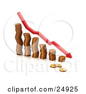 Clipart Illustration Of A Decrease Red Arrow Rushing Downwards Over A Bar Graph Made Of Golden Coins Over White