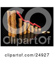 Clipart Illustration Of A Red Increase Arrow Over A Bar Graph Made Of Gold Coins Over Black