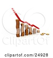Clipart Illustration Of A Red Increase Or Decrease Line Over A Bar Graph Made Of Gold Coins Over White by KJ Pargeter