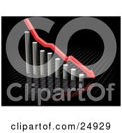 Clipart Illustration Of A Red Arrow Rushing Downhill Over A Decreasing Chrome Bar Graph On A Reflective Black Surface by KJ Pargeter