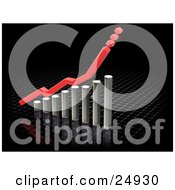 Clipart Illustration Of A Red Line With Dots Above A Chrome Bar Graph Over A Reflective Black Background by KJ Pargeter