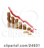 Clipart Illustration Of A Decrease Red Arrow Rushing Downwards And Crashing Over A Bar Graph Made Of Golden Coins Over White by KJ Pargeter