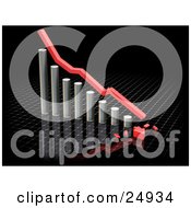 Clipart Illustration Of A Decreasing Chrome Bar Graph With A Red Line And A Broken Arrow On The Bottom Over A Whtie Graph On Black by KJ Pargeter
