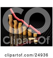 Clipart Illustration Of A Decrease Red Arrow Rushing Downwards Over A Bar Graph Made Of Golden Coins Over Black
