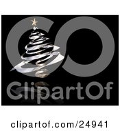 Poster, Art Print Of Gold Star On Top Of A Chrome Spiral Christmas Tree On A Reflective Black Background