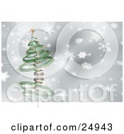 Poster, Art Print Of Green Spiral Christmas Tree With Gold Ornaments And A Star Over A Gray And White Snowflake Background