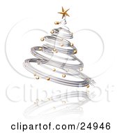 Silver Spiraled Christmas Tree With Gold Ornaments And A Star Over A Reflecting White Surface