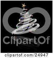 Silver Spiraled Christmas Tree With Colorful Ornaments And A Gold Star Over A Reflecting Black Surface