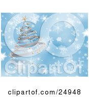 Chrome Spiral Christmas Tree With Gold Ornaments And A Star Over A Blue And White Snowflake Background