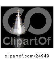 Clipart Illustration Of A Chrome Triangle Christmas Tree With Golden Baubles And A Star Over A Reflective Black Surface