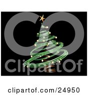 Green Spiral Christmas Tree With Gold Ornaments And A Star On A Black Background