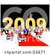 Poster, Art Print Of Crowd Of Santas Carrying Blue Toy Sacks Over Their Shoulders And Walking Along A Red Carpet In Front Of The New Year Of 2009 Sign