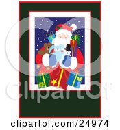 Poster, Art Print Of Santa On A Snowy Night Stuffed Animals And Gifts Bordered By White Red And Green