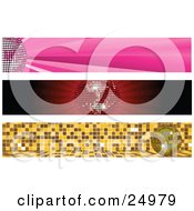 Clipart Illustration Of A Collection Of Three Party Website Banners With Pink Red And Gold Disco Balls