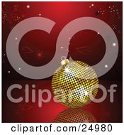 Clipart Illustration Of A Golden Disco Ball Christmas Ornament Resting On Top Of A Reflective Surface With A Red Floral Background