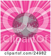 Clipart Illustration Of A Shiny Pink Mirror Disco Ball Spinning Suspended Over A Pink Bursting Background