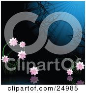 Clipart Illustration Of A Garden Of Pink Flowers In The Moonlight Over A Reflective Still Pond With Bare Trees In The Background At Night