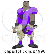 Black Football Player Man In A Purple And Tan Uniform Holding A Football And A Helmet